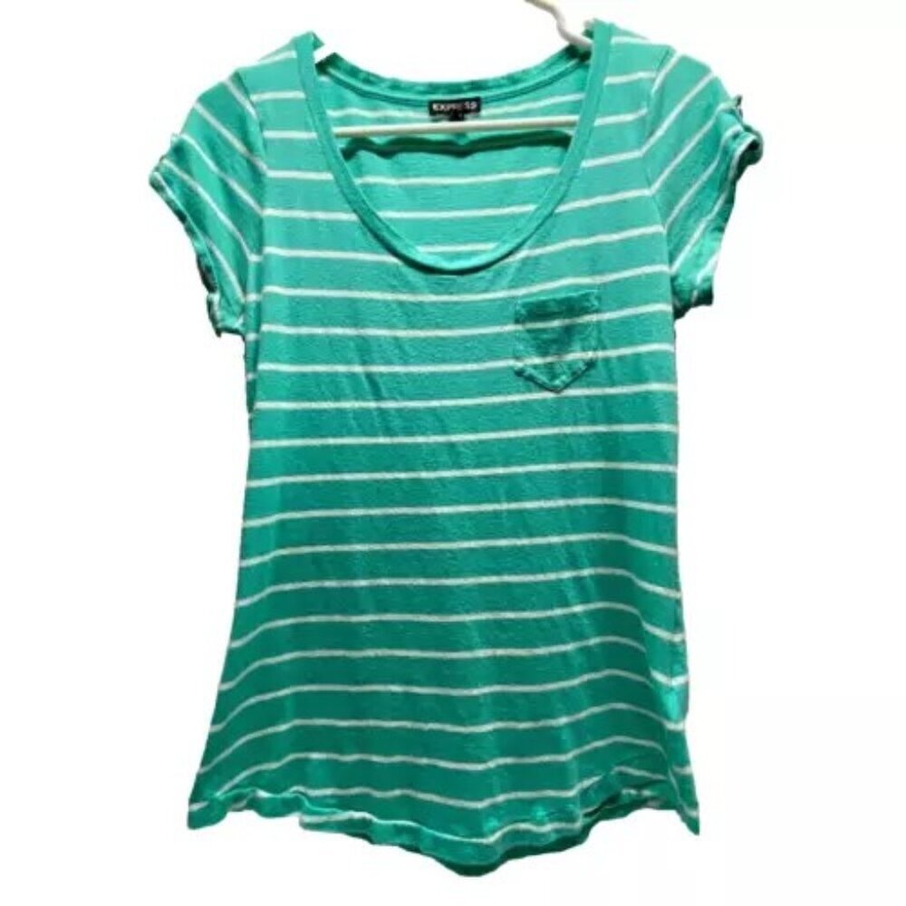 Express Women's Striped Cap Sleeve‎ Pullover Shirt Medium Aqua White Lightweight